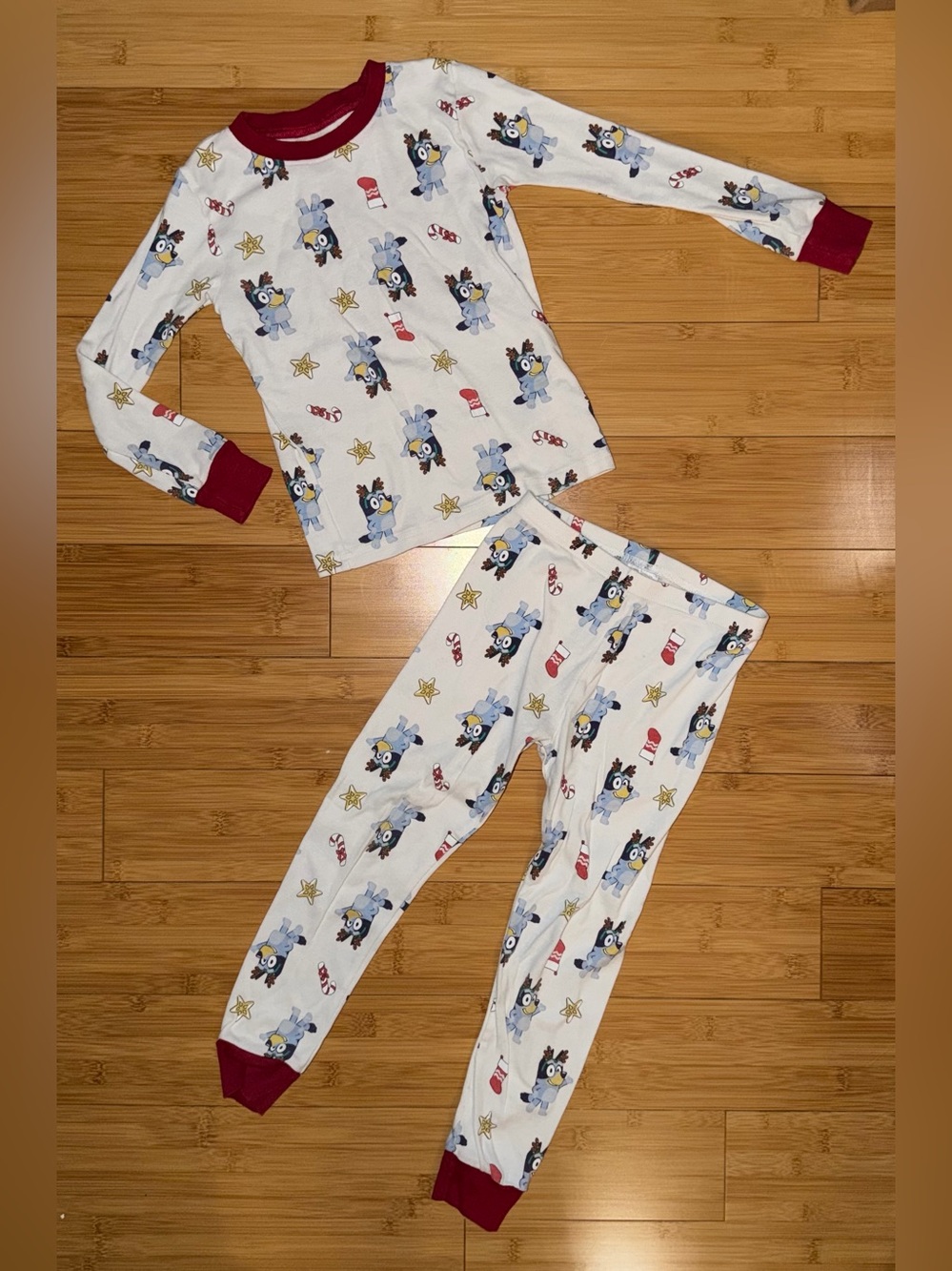 Kids White Holiday Bluey Pajama Set with Red Trim